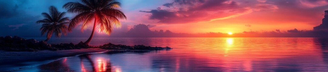 Fototapeta premium Stunning tropical beach sunset with neon lighting and palm trees reflecting off the calm water. Generative AI