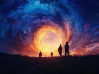 Fototapeta premium Exploring the breathtaking swirl of colors at twilight, a group of figures gazes into the cosmic wonder above them. Generative AI