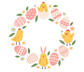 Easter wreath. Easter frame with painted eggs, chicks and  flowers. Easter holiday card, banner, poster, element, border with copy space. Flat vector illustration in hand drawn style 