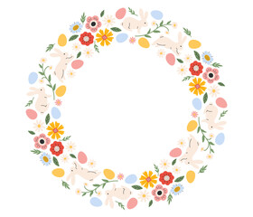 Easter wreath. Easter frame with painted eggs, bunny and  flowers. Easter holiday card, banner, poster, element, border with copy space. Flat vector illustration in hand drawn style