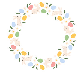 Obraz premium Easter wreath. Easter frame with painted eggs, bunny and flowers. Easter holiday card, banner, poster, element, border with copy space. Flat vector illustration in hand drawn style 
