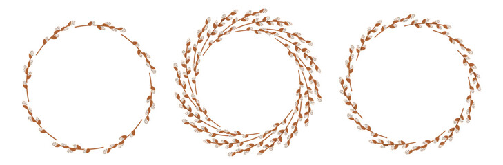 Pussy-willow wreath. Easter frame with Spring branches. Easter decorations, card, banner, poster, element, border with copy space. Flat vector illustration in hand drawn style