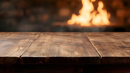 Wooden Table With Grain Texture In Front Of A Blurry Fireplace With Orange Flames