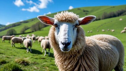 Obraz premium A fluffy sheep observes a serene pastoral landscape