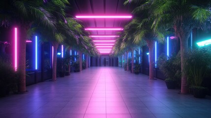 Neon-lit corridor with tropical plants, vibrant pink and blue lights, futuristic atmosphere.