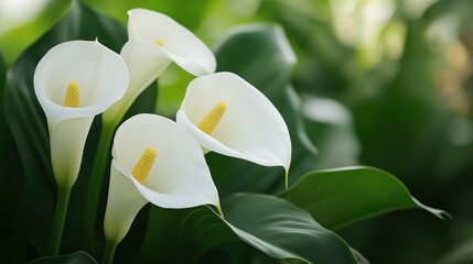 Fototapeta premium Elegant Blooms of White Flowers Surrounded by Lush Green Leaves in a Serene Natural Setting