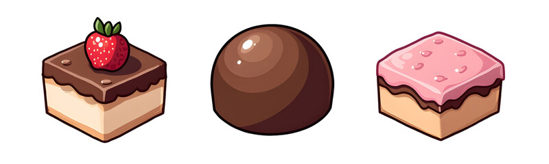 Three delicious desserts: a chocolate-covered square, a chocolate ball, and a pink frosted square, all invitingly arranged., cut out,transparent background