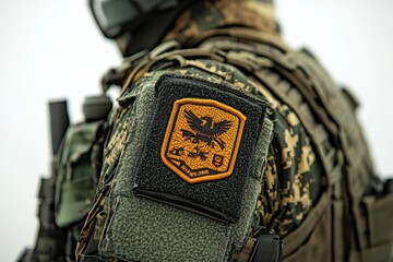 Soldier Wearing Tactical Gear with Patch on Arm in Camouflage Uniform