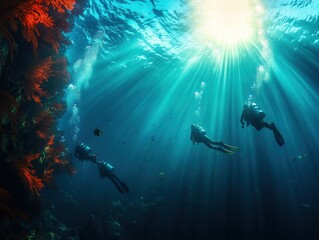 Fototapeta premium Diverse underwater adventure with divers exploring vibrant coral reefs and marine life under sunlit water. Generative AI