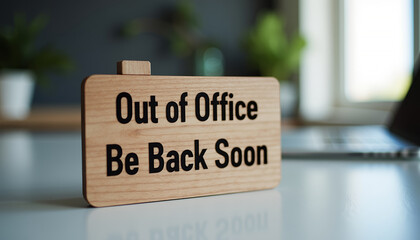 Wooden sign reading "Out of Office – Be Back Soon" on a modern office desk