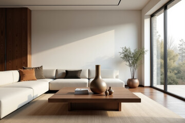 Fototapeta premium A stylish modern mid-century living room with warm tones and minimalist decor .