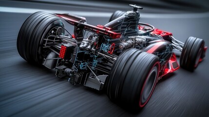 Red Formula 1 car speeding on track, engine details visible