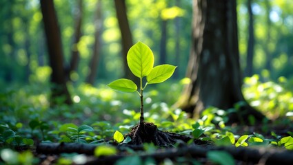 A lush green sapling flourishes in sunlit forest