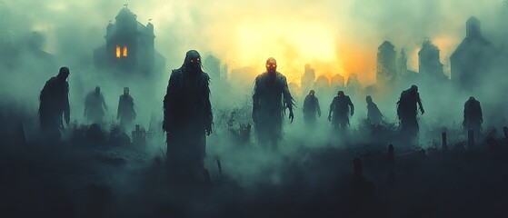 Foggy graveyard with zombies in ragged clothes and glowing eyes, rising from the mist, long shadows across the graveyard, watercolor technique