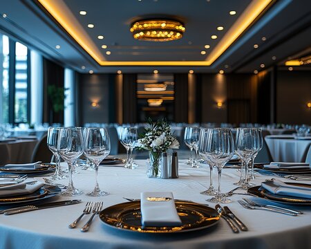 Grand conference event in an elegant banquet hall, round tables with crystal glassware, soft lighting, and a professional yet stylish design - Powered by Adobe