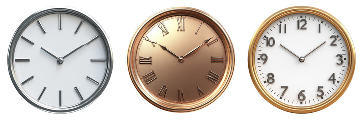 Three elegant wall clocks with different designs and metallic finishes