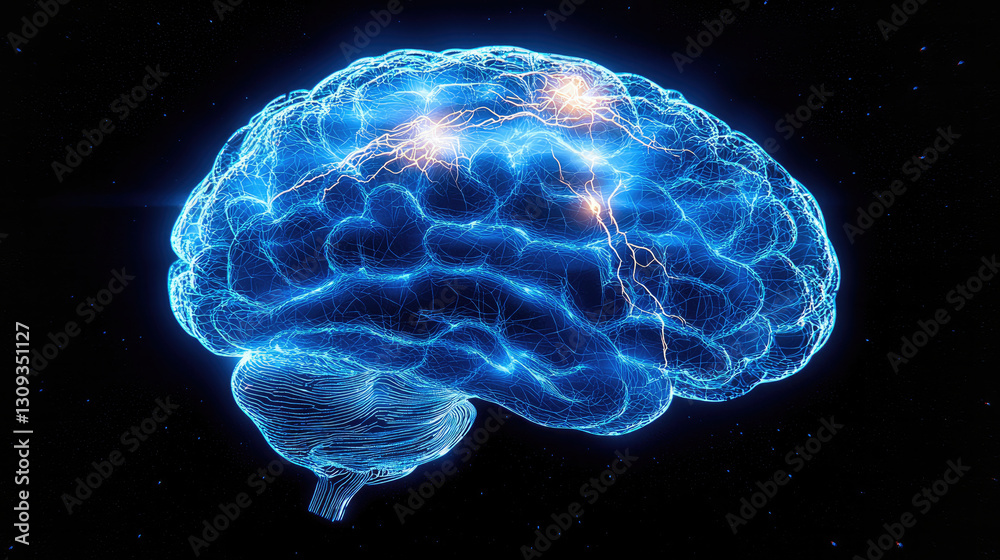 Poster digital brain illustration with glowing neural connections and electric impulses, representing advan