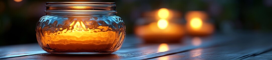 Warm glowing handmade candles in jars surrounded by soft light and a serene atmosphere. Generative AI
