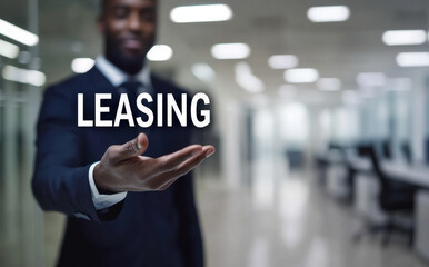A businessman stands confidently in a sleek office, extending his hand towards the viewer, signifying a leasing opportunity. The light-filled space enhances the professional atmosphere
