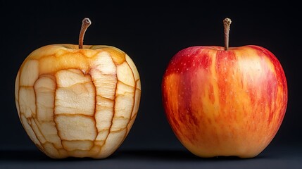 Two apples bad and good, on black