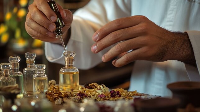Middle Eastern perfumer blends fragrances.