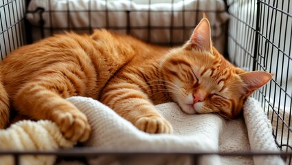 Adorable ginger cat sleeping comfortably in cozy cage