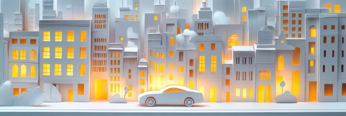 Fototapeta premium Layered paper art displays modern city skyline with glowing windows and minimalist urban features during evening hours