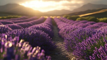 Obraz premium Sunlit pathway in lavender field.