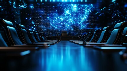 Futuristic conference room with blue lighting and digital backdrop, ideal for tech meetings and innovative discussions.