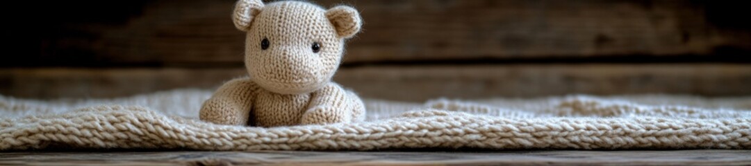 Hand-knitted teddy bear lying on a soft knitted blanket with a wooden background. Generative AI
