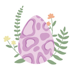 An Easter egg, hand-painted. A decorative egg with green twigs and flowers, a bright picture for the spring Easter holiday on a white isolated background for a postcard, poster or stickers.