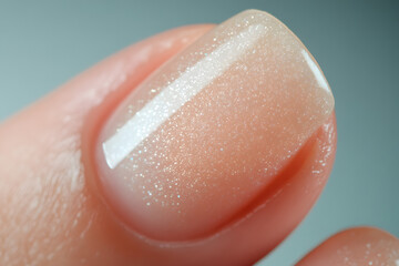 Fototapeta premium A well-groomed nail shines with a glossy finish, highlighting a delicate sparkle under gentle light