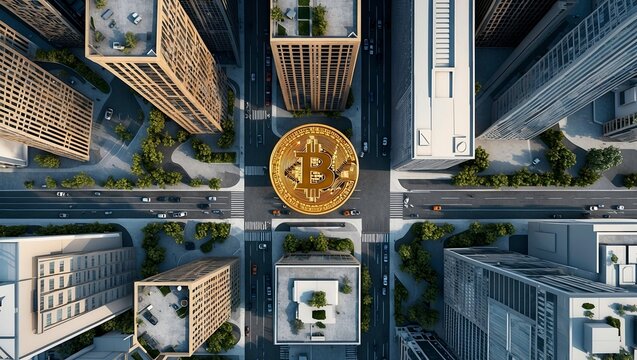 Aerial view of bitcoin market trends in financial district - Powered by Adobe