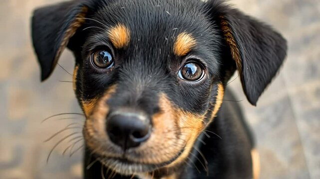 A close up of an adorable black and brown puppy with big eyes, looking at the camera, generative AI