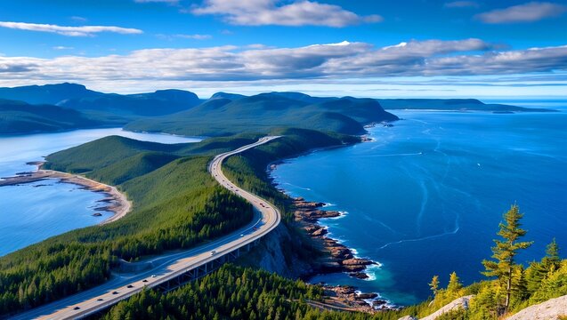 Aerial view of cabot trail along cape breton coast