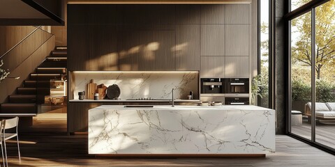 Minimalist open-concept kitchen with sleek cabinets and marble countertops