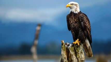 A majestic bald eagle perched on a weathered tree stump against a clear blue sky, symbolizing strength and freedom.