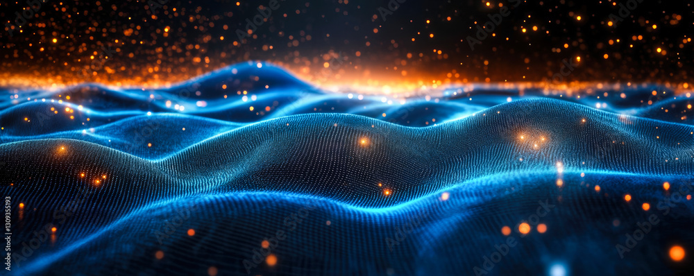 Poster 3d blue wireframe mesh data visualization with glowing particles on dark background dynamic data tre