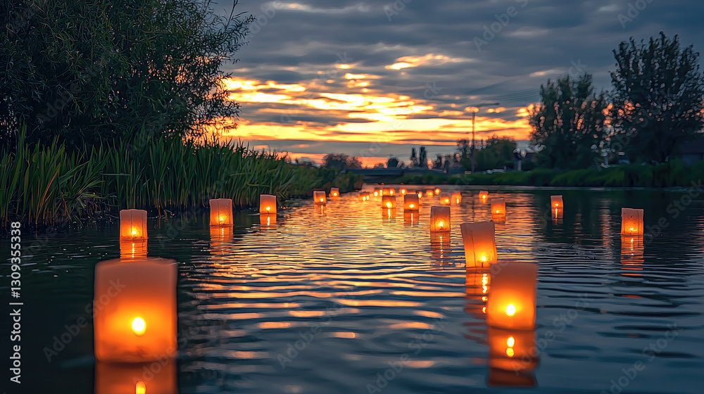 Poster serene river scene illuminated by floating candles at sunset, creating tranquil atmosphere