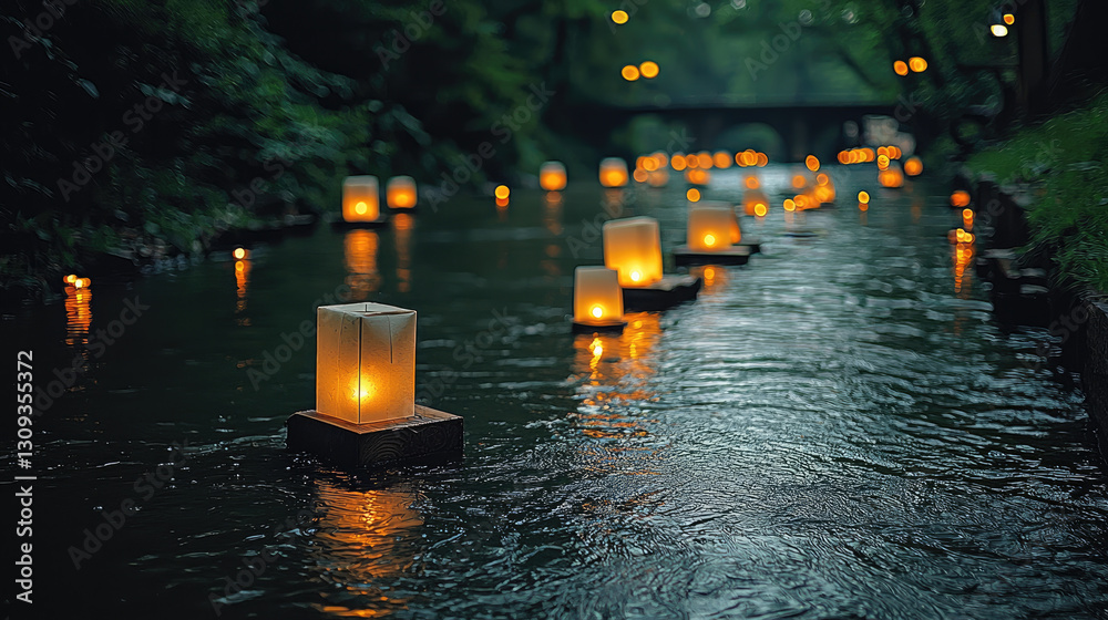 Poster serene river scene illuminated by glowing lanterns, creating tranquil atmosphere