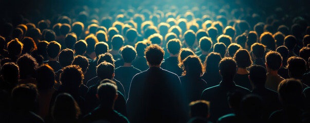 Obraz premium Silhouetted Crowd Standing Together Under Dramatic Lighting Creating Shadows and Depth in a Unified Group Scene