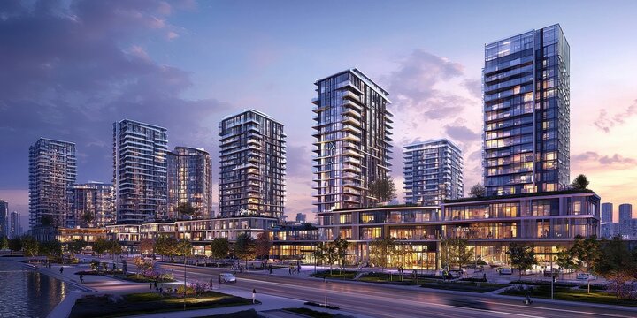 Modern city skyline with sophisticated condos, soft pastel evening