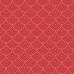 Vector Japanese seamless pattern in oriental geometric traditional style. Festive ornament for lunar chinese new year decoration. Red and golden asian creative motif. Abstract Waves and Circles.