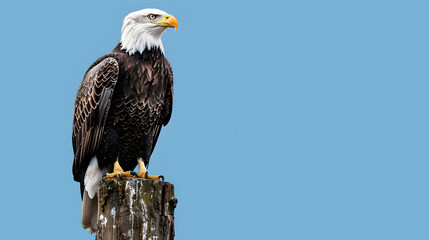 A powerful image of a bald eagle sitting on a rugged tree stump, with striking artistic lighting effects.