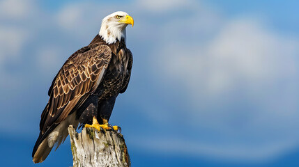 A detailed photograph of a bald eagle perched on a tree stump, captured in a dramatic and artistic style.