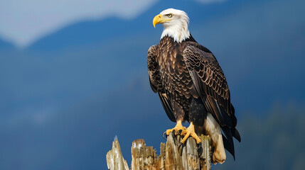 A detailed photograph of a bald eagle perched on a tree stump, captured in a dramatic and artistic style.