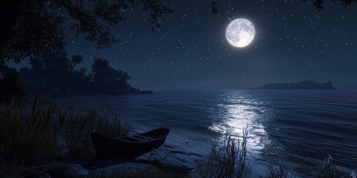 Moonlight shimmering over the dark sea, peaceful and serene