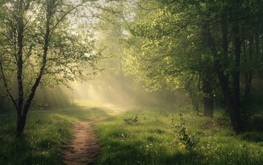 Obraz premium Morning mist over a waking spring forest