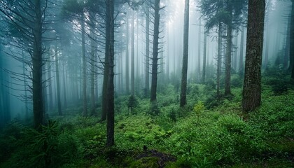 Obraz premium Rainy Forest Gradient. Moody misty gray, deep green & soft teal blend. Serene, atmospheric texture. Calming background.