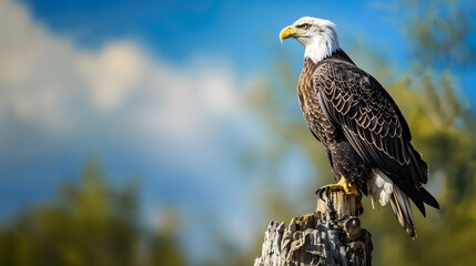 A detailed photograph of a bald eagle perched on a tree stump, captured in a dramatic and artistic style.